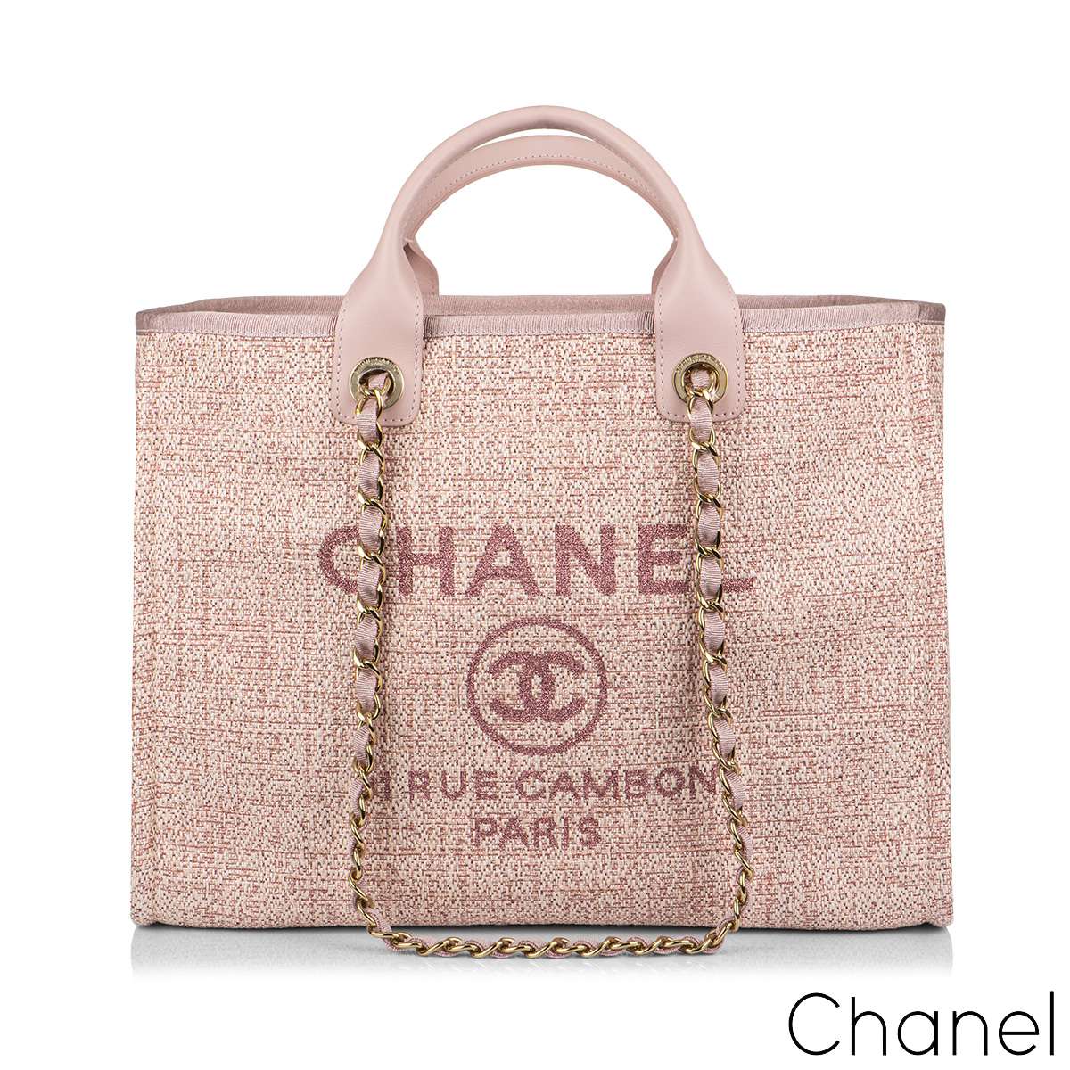 Chanel Large Deauville Tote Pink Tweed Gold Tone Hardware Rich Diamonds